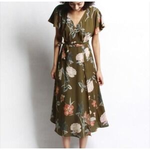 Mod Ref Maria Olive Floral Wrap Dress L  Midi Cap Sleeve Cottage Western Boho 90